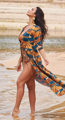 Saída Kimino Longo Crepe Estampado