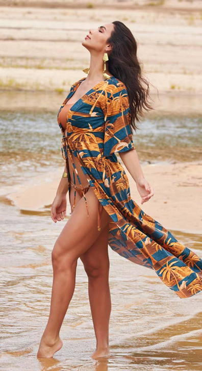 Saída Kimino Longo Crepe Estampado